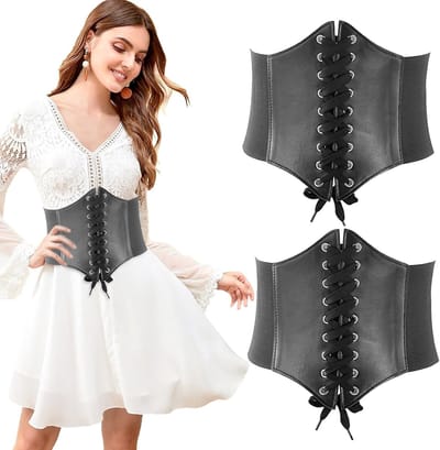 Brede Leren Corsetriem voor Dames - Zwarte Tailleband voor Jurk, Jas en Cosplay Kostuums voor Halloween Feestjes - Set van 2