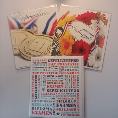 6 Luxe Geslaagd Wenskaarten - Kaart Wens Kaart Examen Geslaagd School Studie Opleiding - 3 Motieven 12x13.5cm Rood Wit Blauwe Envelop - Art of Cards