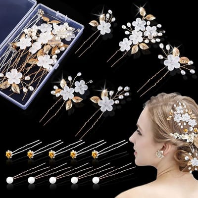 15-delige Set Bruiloft Haaraccessoires met Parels, Bloem en Stass: U-Vormige Haarspelden voor Bruid en Bruidsmeisje