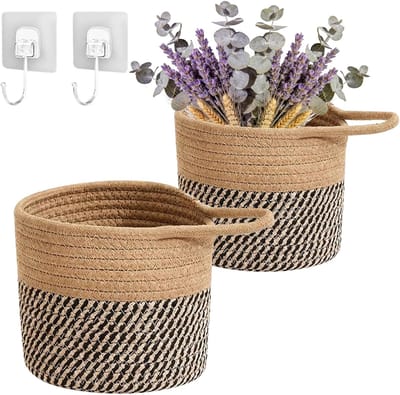 mand, 2 stuks wandmanden katoenen linnen met haak, 15 x 15 cm opbergmanden, hangende manden, mand voor ophanging, mand voor keuken, badkamer, slaapkamer, woonkamer (bruin + donkerbruin)