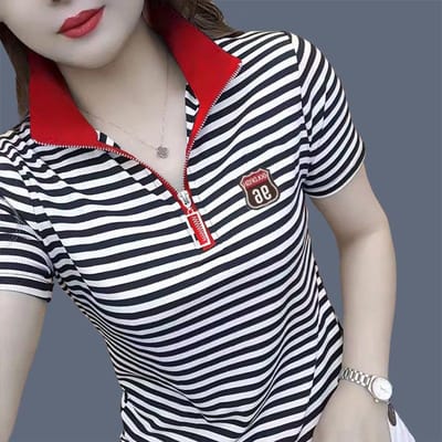 Zomer Nieuw T-shirt met Halve Rits en Korte Mouwen Dames Top Veelzijdige Revers Losse Grote Maat Middenleeftijd Moeder POLO Shirt M white