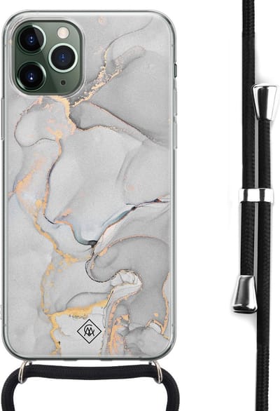Casimoda® hoesje met koord - Geschikt voor iPhone 11 Pro - Marmer Grijs - Afneembaar koord - Siliconen/TPU - Grijs