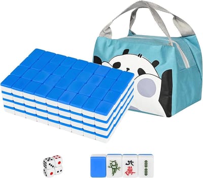 Mahjong spel set - Tegels en tas - Familie entertainment - Draagbare reistas - 144 tegels - Blauw