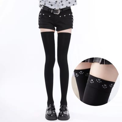 40/50/70cm Chaussettes de Danse pour Femmes Patte de Chat Silicone Antidérapant Bas Hauts Cuissardes Bas Longs en Coton Medias One Size black