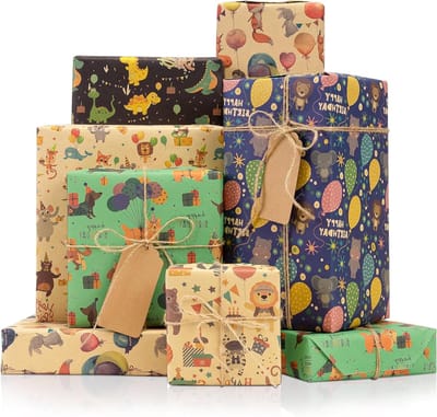 Kraft Papieren Cadeauverpakking met Schattige Dieren voor Verjaardagen en Feestjes, 6 Vellen van 70 x 50 cm, Perfect voor Kinderen en Babyshower
