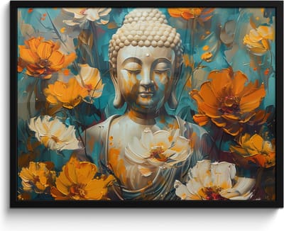 Poster in lijst - Fotolijst 80x60 cm - Posters - Buddha - Bloemen - Kleurrijk - Modern - Posterlijst zwart - Decoratie - Wanddecoratie woonkamer - Muurdecoratie slaapkamer