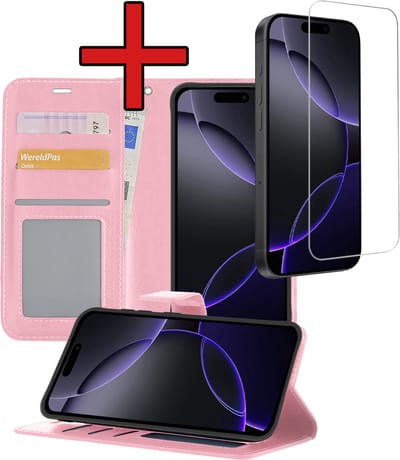 Hoesje - Met Screenprotector - Geschikt voor Apple iPhone 16 Pro - Luxe Pasjeshouder - Flipcase - Bookcase Portemonee - Flip Case - Kunstleer Book Case - Book Cover - Walletcase - Portemonneehoes - Telefoonhoes - Lichtroze