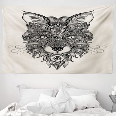 ABAKUHAUS Vossenwandtapijt en -sprei, Keltische stijl, 230 x 140 cm, zwart ecru