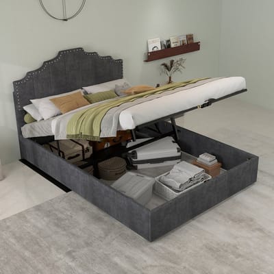 MODFU - Bedframe 140x200 cm – Geometrisch hoofdbord met nagelbeslag – Hollandse wolstof – Grijs