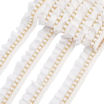Dailygoody - Parel Kralen Ruffle Lace Trim - Decoratief Kant Lint - Wit - Bruiloft Decoratie - Tutu Rokken - Geschikt voor Versiering