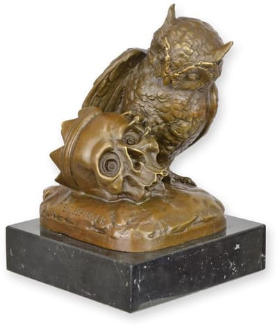 Bronzen Beeld van Uil en Schedel – Unieke Kunst Sculptuur voor Binnen en Buiten, Decoratief Beeld in Hoogwaardige Kwaliteit
