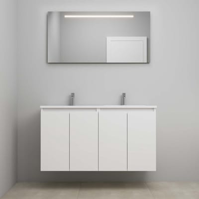 On-Line Badkamermeubelset - 120 cm - Bouwpakket - Greeploos 4 Deuren - Acryl Wastafel - 2 Kraangaten - Spiegel met LED-Verlichting - Hoogglans Wit