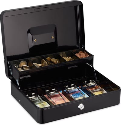 geldkistje met slot en 2 sleutels - vakken voor briefjes & munten - 8,5 x 30,5 x 24,5 cm - zwart