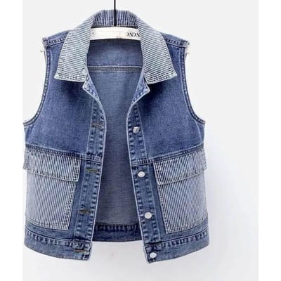 Gilet de Cowboy Manteau Court Mince Haut à Col Polo Rayures Décontracté Personnalisé Streetwear Printemps et Automne S
