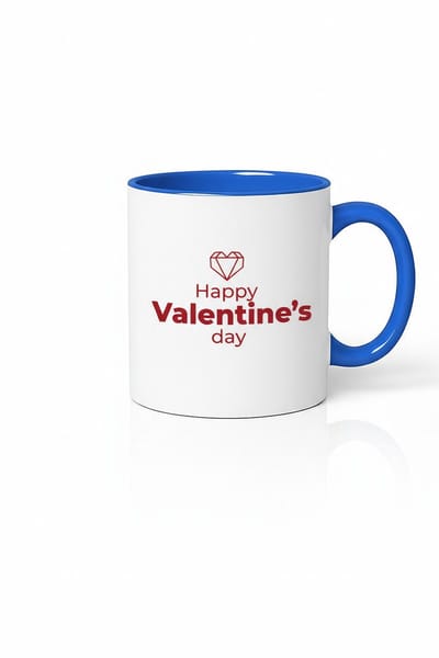 Valentijn Mok 'Happy Valentine's Day' met Diamant Hart en Blauw Handvat | Romantisch Cadeau voor Liefde