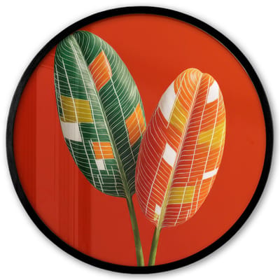 Poster in lijst Rond - Fotolijst 40x40 cm - Posters - Bladeren - Ovaal - Mozaïek - Patroon - Ronde posterlijst zwart - Decoratie - Wanddecoratie woonkamer - Muurdecoratie slaapkamer