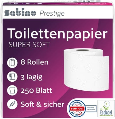 Luxe 3-laags toiletpapier, 8 rollen met 250 vellen per rol, cellulose wit
