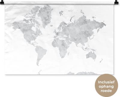 Wandkleed WereldkaartenKerst illustraties - Wereldkaart met een grijs marmerachtig patroon op een witte achtergrond Wandkleed katoen 90x60 cm - Wandtapijt met foto