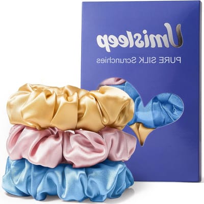 Set van 3 100% Mulberry Zijde Scrunchies voor Dames, Zachte Haarbanden voor Minder Frizz en Haarbreuk, Elastische Haaraccessoires in Lichtroze en Lichtblauw