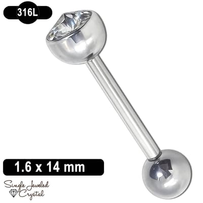 Tongpiercing - 1.6 x 14 mm - 316L Chirurgisch Staal - Barbell - Cone Kristal - Clear