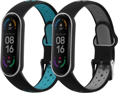 kwmobile 2x horlogebandjes geschikt voor Xiaomi Mi Smart Band 6 / Mi Band 6 / Band 5 bandje - Smartwatch bandjes van TPU - Activity tracker horloge band in zwart / grijs / zwart / blauw