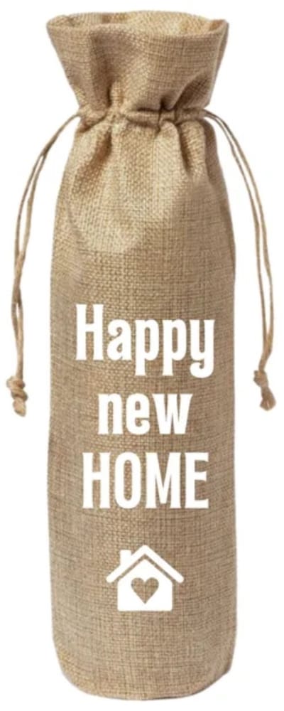 Cadeauverpakking wijnfles - Happy new home - Housewarming - Nieuwe woning - Verhuizen - Wijncadeau - Jute - Wijntas - Geschenkzak - Wijnzak