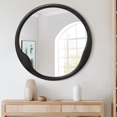 Ronde houten wandspiegel voor woonkamer, slaapkamer en entree - 50 cm zwart, wandmontage, decoratieve spiegel