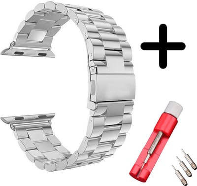 Strap-it Stalen schakel band - Geschikt voor Apple Watch bandje - Series 1/2/3/4/5/6/7/8/9/10/11/SE/SE2/SE3 - Zilver - Metalen band met RVS vlindersluiting - maat: 38 / 40 / 41 / 42mm - Met inkorter toolkit