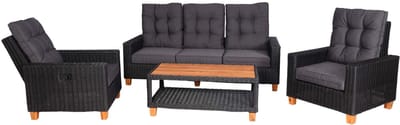 Tuinset MCW-G28, zitgroep loungeset, acaciahout halfronde rotan verstelbaar MVG ~ antraciet, kussens grijs