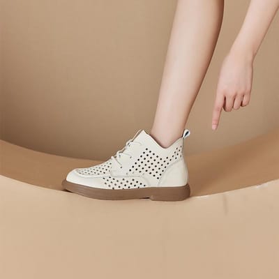 Bottes en cuir véritable ajourées à lacets pour femmes, chaussures décontractées de grande taille, en cuir de vachette de première couche 38 beige