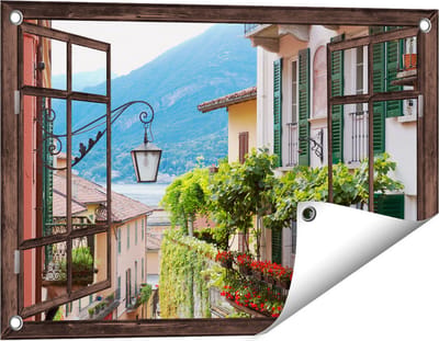 Gards Tuinposter Doorkijk Kleurijk Straatje in Italie - 60x40 cm - Tuindoek - Tuindecoratie - Wanddecoratie buiten - Tuinschilderij