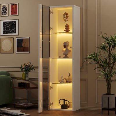 MODENUIT Vitrinekast - 4 Etages Met Ledverlichting - Voor Woonkamer En Kantoor - Spaanplaat Wit - 40x29x170 Cm
