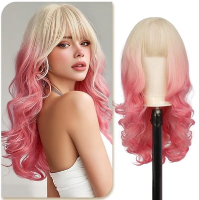Dailygoods- Pruik 60 cm - Lange Golvende Pruik - Synthetische Pruik - Blond-Roze Ombre - Krullende Pruik - Geschikt voor Cosplay/Carnaval - Haarstuk