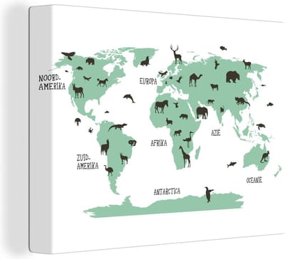Canvas Wereldkaart - 40x30 - Wanddecoratie Wereldkaart kinderen - Dieren - Turquoise