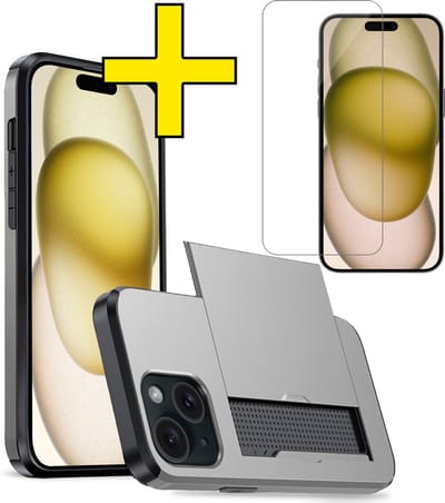 Hoesje Geschikt voor iPhone 15 Hoesje Case Pashouder Hard Cover Met Screenprotector - Hoes Geschikt voor iPhone 15 Hoesje Met Kaarthouder - Grijs