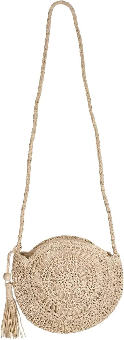 Kleine Stro Schoudertas met Bohemian Haakwerk, Ideaal voor Zomer, Feestjes en Vakanties