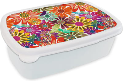 Broodtrommel Wit - Lunchbox - Brooddoos - Regenboog - Bloemen - Patronen - Hippie - 18x12x6 cm - Volwassenen