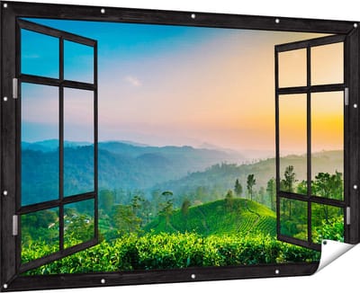 Gards Tuinposter Doorkijk Zonsondergang op een Thee Plantage - 180x120 cm - Tuindoek - Tuindecoratie - Wanddecoratie buiten - Tuinschilderij