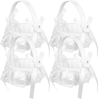 Bloemenmeisjesmanden Set - Bruiloftsmandjes Decoratie - Bruiloft Decoratie - Met Lint en Parels - 4 Delig - Wit