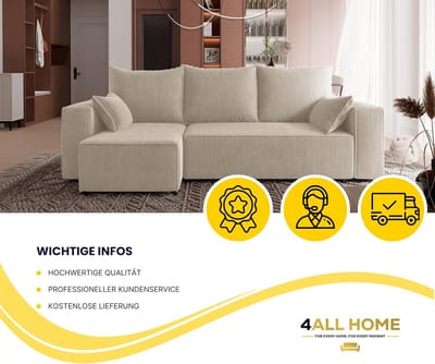 Hoekbank met Slaapfunctie en Bedlade - L-vorm Slaapbank 3-Zits met Opbergruimte - Comfortabele Sofa 246x145 cm in Beige Corduroy - Luxe Multifunctionele Hoekbank voor Woonkamer - Novihome Tobi