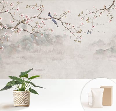 Wallfluent Behang - Oosters landschap Vliesbehang - 152x104 cm - Beige Behang - Voor liefhebbers van moderne abstracte kunst - Behang Voor de woonkamer, slaapkamer en kantoor - Wandbekleding Bloemen en planten