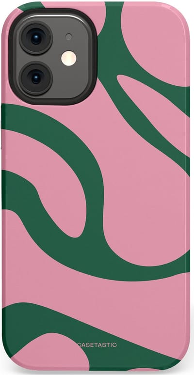 Casetastic hoesje geschikt voor Apple iPhone 12 Mini - Dubbellaagse bescherming - Groen Roze Dansende Vormen - Fashion Case - Lichtroze Donkergroen