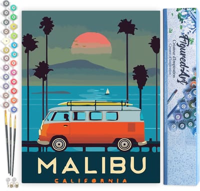 Figured'Art Schilderen op Nummer Volwassenen canvas Reisposter Malibu- Handwerk acrylverf Kit DIY Compleet - 40x50cm zonder frame