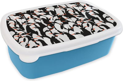 Broodtrommel Blauw - Lunchbox - Brooddoos - Pinguïns - Dieren - Patronen - Zentangle - 18x12x6 cm - Kinderen - Jongen