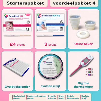 Sensitest Zwanger Worden Starterspakket – 24 Ovulatietesten + 3 Zwangerschapstesten (dipstick) – Digitale Ovulatie Thermometer (0,01 °C) – Inclusief ovulatieschijf, herbruikbare urinebeker & kalenders