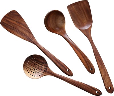 4 stuks - Teakhouten spatelset - Houten spatels - Soeplepel - Vergiet - Wokspatels - Soeplepels - Kookgerei - Keukengerei - Keukenaccessoires - Voor antiaanbakpannen