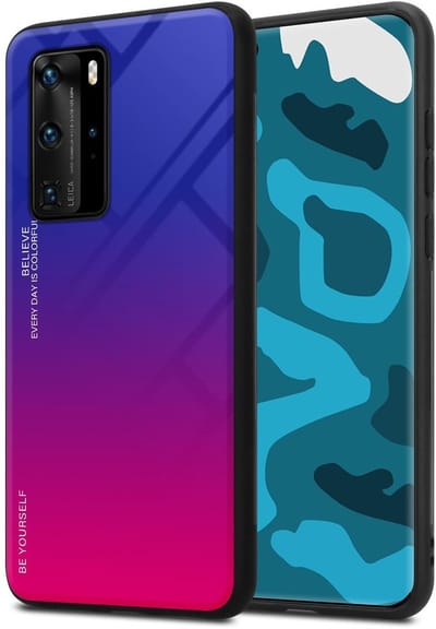 Cadorabo Hoesje geschikt voor Huawei P40 PRO / P40 PRO+ in PAARS - ROOD - Tweekleurige beschermhoes van TPU-silicone Case Cover en achterzijde van gehard glas
