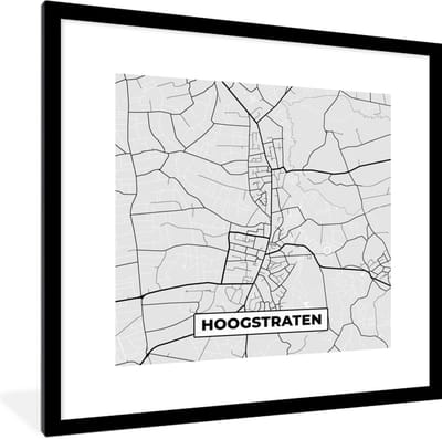 Fotolijst incl. Poster Zwart Wit- Plattegrond – Hoogstraten – Zwart Wit – Stadskaart - Kaart - 40x40 cm - Posterlijst