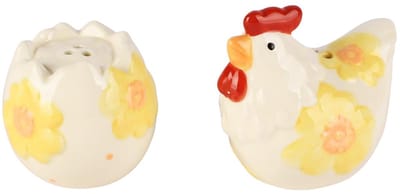 Dekoratief | Duo peper/zout kip/ei, wit/geel, keramiek, 7x5x6cm | A260411
