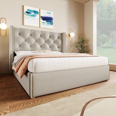 VVBV Gestoffeerd Opbergbed met Hydraulische Opbergruimte 160x200 cm - Lattenbodem - Metaal/Linnen Lichtgrijs/Grijs